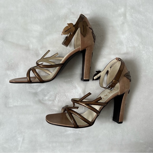 Prada Leather Square Toe Ankle Strap Sandals vintage 2000s y2k bronze floral - Picture 2 of 8